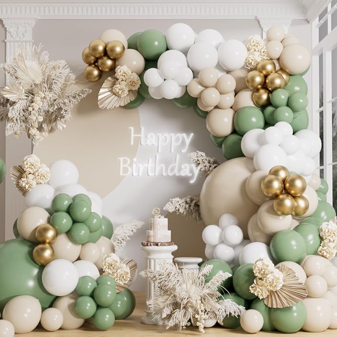AULE Sage Green Balloon Arch Kit 155Pcs Olive Dusty Green Sand White Gold Balloons Garland for Wedding Birthday Graduation Anniversary Gender Reveal Baby Shower Theme Party Decoration