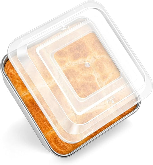 Leonyo Stainless Steel 8x8 Baking Pan with Lids, 1 Set Metal 8IN x 8IN Square Cake Pans with Lids, Commercial Brownie Pans Baking Dish for Lemon Bars, Dishwasher Safe(Except for Plastic Lids)