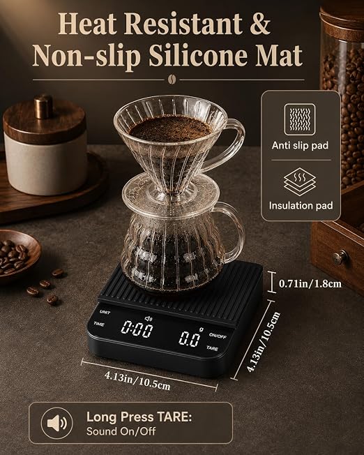 Coffee Scale with Timer, 0.1g Precision Mini Espresso Scale | USB-C Rechargeable Digital Kitchen Gram Meter, 6 Units, Fits Drip Tray, for Pour Over, Barista, Matcha (Black, 0.3-2000g)
