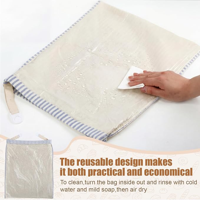 2 Pack Reusable Striped Bread Bags Set with Drawstring Cotton Linen Food Storage Bags for Homemade Bread & Sourdough 17"x 13" Lined Food Bag Cover Keep Loaves Fresh Longer(Blue Stripes)