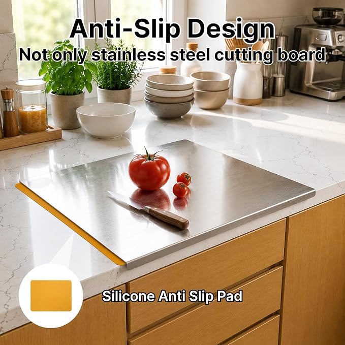 Large Stainless Steel Cutting Board with Lip for Kitchen, Chopping Boards with Orange Non-slip Mat, Cutting Board with Counter Lip for Meat, Fruits, Vegetables, Bread,Dough(15.7" × 11.8")