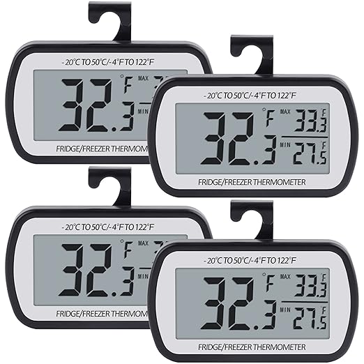 AEVETE Refrigerator Thermometer Digital Fridge Freezer Thermometer with Magnetic Back Large LCD, No Frills Easy to Read (Black-4 Pack)