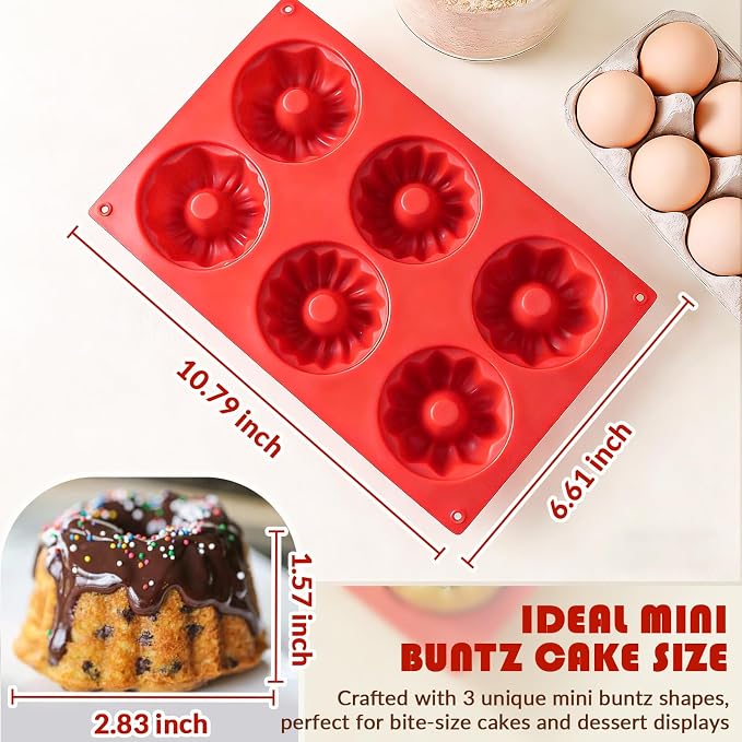 HKMTT Small Silicone Buntz Pan, Mini Fluted Tube Rum Cake Baking Molds, 6 Cavities 2 Pack 3 Shaped BPA Free Oven Safe Food Grade Non Stick Moulds