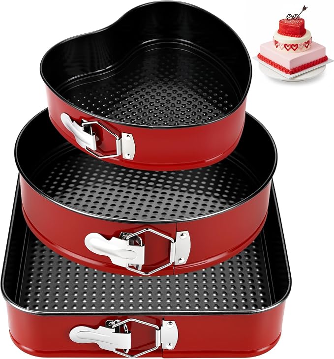 Reallnaive 3 Piece Springform Cake Pan Set 8/9/10 Inch Square Heart Round Baking Pans Leakproof Nonstick Cheesecake Pans with Removable Bottom for Valentines, Birthday, Wedding Party