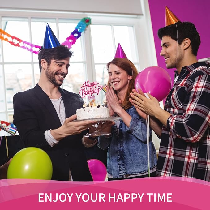 Hot Pink Happy Birthday Cake Topper Plastic - 3D Double Sided Happy Birthday Sign for Cake with Bow, Idea for Cake Decoration (HOT PINK)