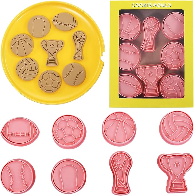 8 Pcs Sports Ball Cookie Cookie Stamps with Plunger Cutters Set 3D Cartoon Cute Soccer Basketball Biscuit Cutter Cookie Stamps for Party Baking Decorating Fondant Muffins Cheese Candy