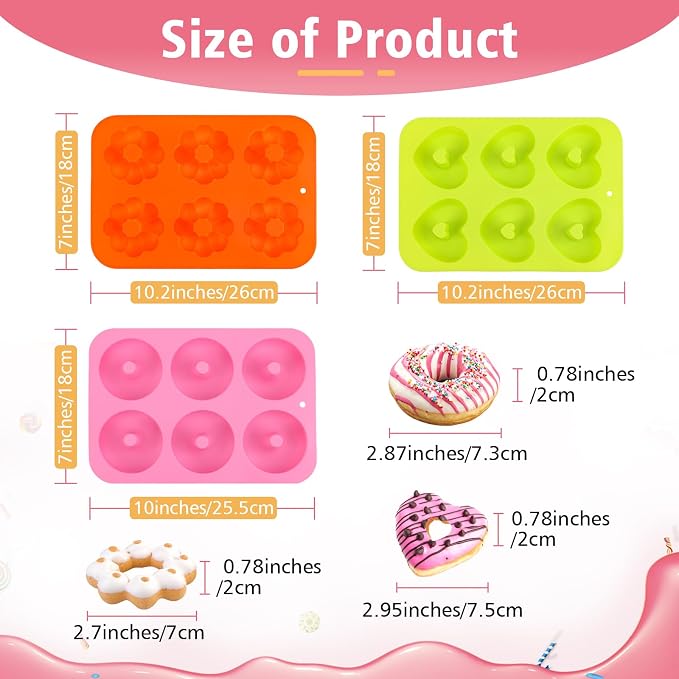 3 Pack Silicone Donut Pan, Non-stick Doughnut Molds for Baking, 6 Cavity Donut Maker Muffin Cupcake Bagel Making Tray (Pink, Orange, Green)