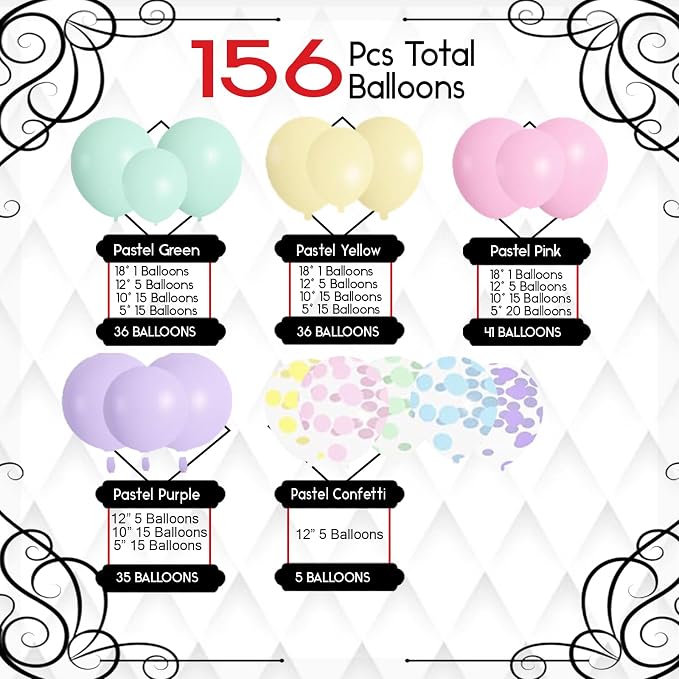 Archloon 156pcs Pastel Balloons Garland Arch Kit, Different Sizes 18 12 10 5inch Pastel Pink Yellow Green Purple Confetti Balloons for Spring Baby Shower Wedding Wildflower Birthday Party Decorations