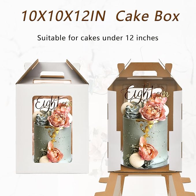 2 Pack Tall Cake Boxes for Tier Cakes,10x10x12 Inch Large Cake Box with windows,8in 10in White Bakery Box Disposable Layer Tall Cake Baking with Handle