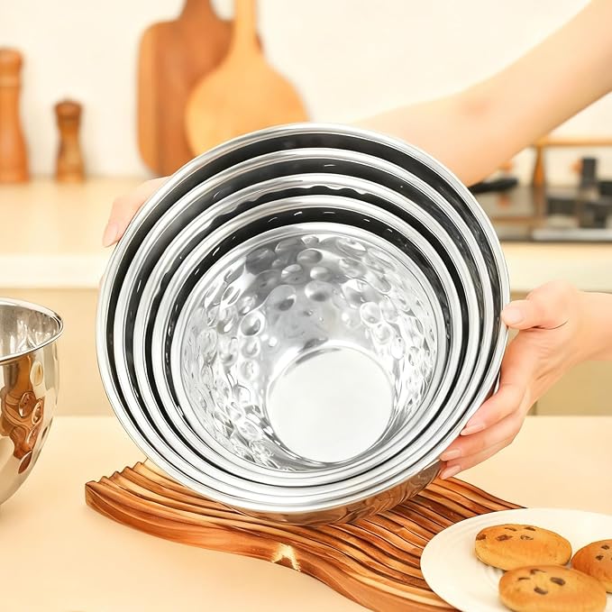 5-Piece Stainless Steel Mixing Bowls (4.9/4.2/3.2/2.1/1.6QT), Hammered Design Nesting Metal Mixing Bowl Set for Kitchen Meal Prep, Movie Night and Party