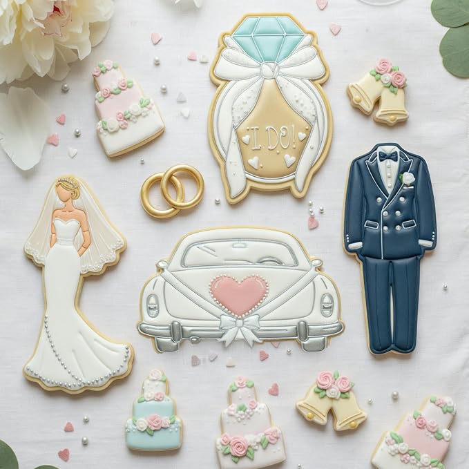 Wedding Cookie Cutters Set of 4 Ring Tuxedo Molds 3.5" with Plunger Stamps Baking Dough Tools Cake Shapes PLA Accessories for Birdesmaid Decorative Party Kitchen Supplies