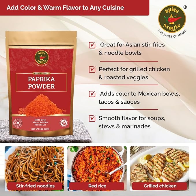 Spice Magic Sweet Paprika Powder 8 oz | Premium Spanish-Style Paprika | Mild, Sweet & Vibrant Red Color | Perfect for BBQ, Chicken, Vegetables, Soups & Sauces