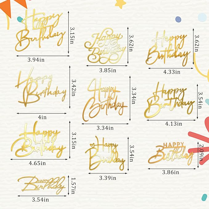 10PCS Gold Happy Birthday Cake Toppers Mirror Acrylic Cake Toppers, Gold Acrylic Birthday Cupcake Toppers for DIY Cake Decor Cake Tools Birthday Party Supplies