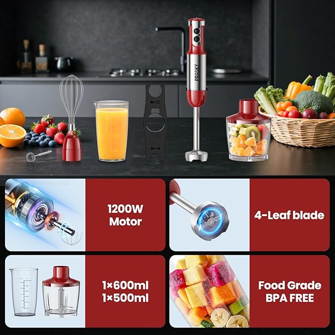 Immersion Blender Handheld 1200W, 5-in-1 Hand Blenders, 20 Speeds Hand Mixer, Stainless Steel Blades, Milk Frother Wand, Whisk, Beaker, Suitable for Kitchen, Protein Shakes and Baby Food (Red)