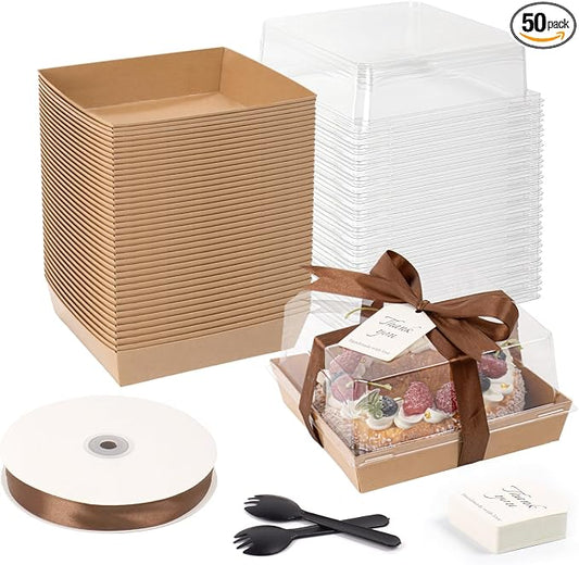 7 x 7 x 4 Inches Paper Cake Boxes with Clear Lids, 50 Pack Brown Charcuterie Boxes Large Square Food Containers, Disposable Bakery Boxes for Valentine's Day 4-6 Inch Bundt Cake, Pie, Dessert