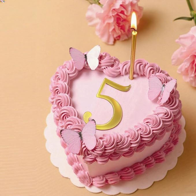 3.7IN Gold Acrylic Number 5 Cake Topper with 12 Gold Long Candles - Perfect for 5th Birthday Party Supplies, Ideal for Cake Decoration