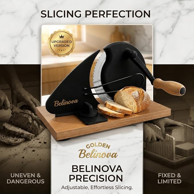 Sourdough Bread Slicer for Homemade Bread, Adjustable Thickness, Hand Crank | Adjustable thickness up to 0.9 in, 430 stainless steel blade, anti-jam guide, solid wood base, suction feet, and hand crank.
