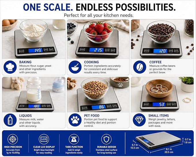 Digital Kitchen Scale 10kg/22lb, Food Scale Grams and Ounces, 1g High Precision, USB Rechargeable, Stainless Steel, Tare Function, LCD Display, Multi-Unit for Baking, Cooking & Meal Prep