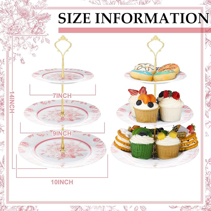 Lallisa Pink Floral 3 Tier Dessert Stand 10", 9" and 7" Ceramic Vintage Chinoiserie Tea Party Tiered Tray Cupcake Stand Display Holder Tower for Wedding Baby Shower Bridal Shower Tea Party