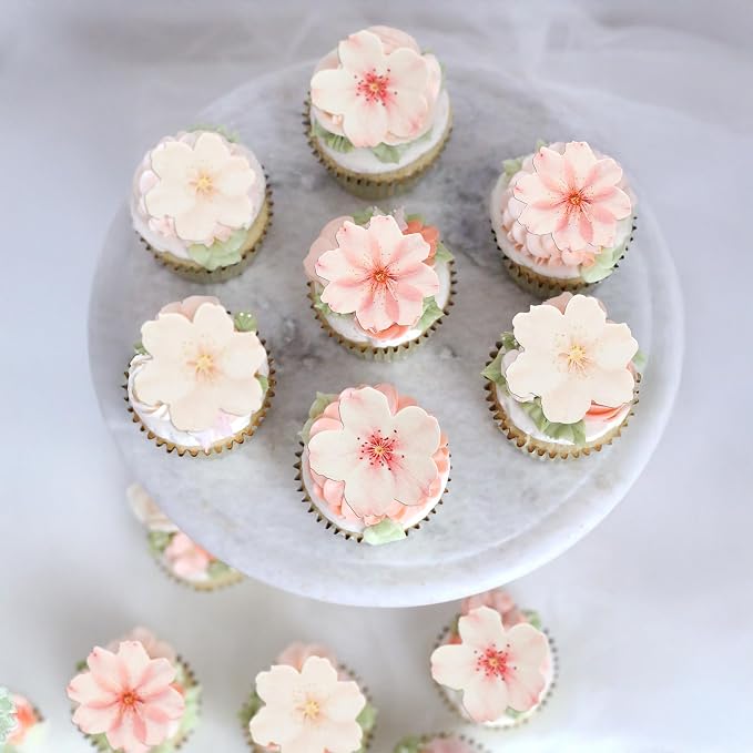 Gyufise 54Pcs Edible Cherry Blossoms Cupcake Toppers Edible Flowers Cake Decorations Wafer Paper Flowers Cupcake Topper for Baby Shower Kids Birthday Party Decorations Supplies Pink White