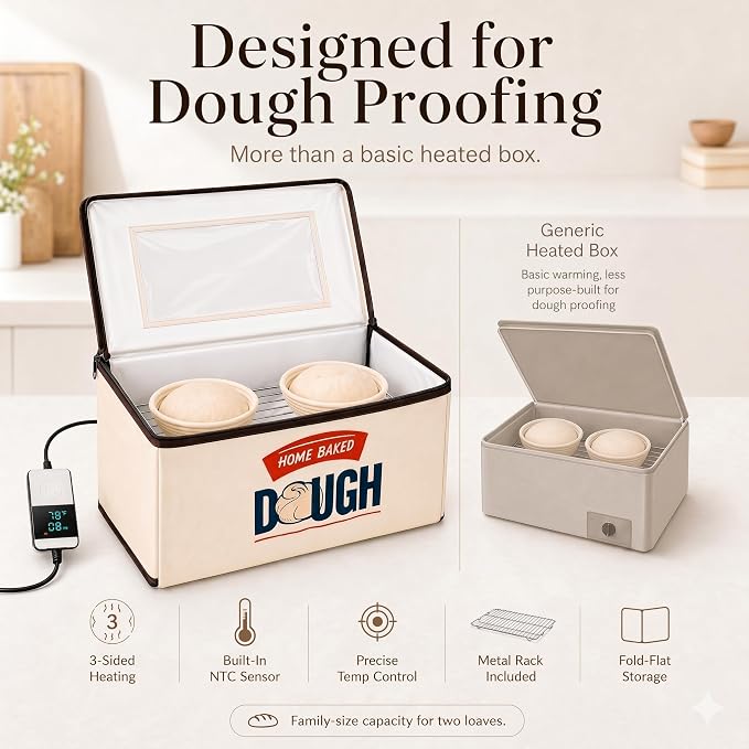 BLUBYEES Folding Bread Proofing Box, 3-Sided Heating with Precise 68-104°F Temp Control, 48H Timer, Family-Size Dough Proofer for 2 Loaves, Sourdough & Pizza Dough