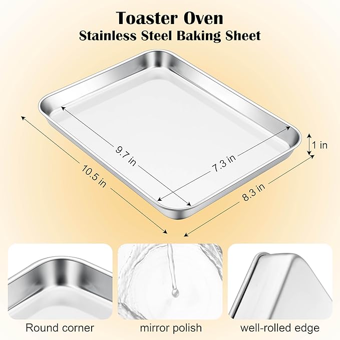 E-far Small Baking Sheet, 10.5”x8.3” Stainless Steel Toaster Oven Tray, Compact Non-toxic Metal Baking Pan for Cookie & Cake, Healthy & Rust Free, Mirror Finish & Dishwasher Safe, 1 Pack