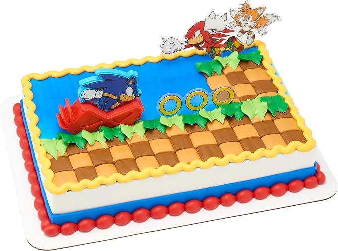 DecoSet Sonic The Hedgehog Cake Topper, 3-Piece Decoration Set With Tails & Knuckles Cake Pic, Rings Cake Pic And Rolling Sonic Action Figurine, For Birthday And Celebrations