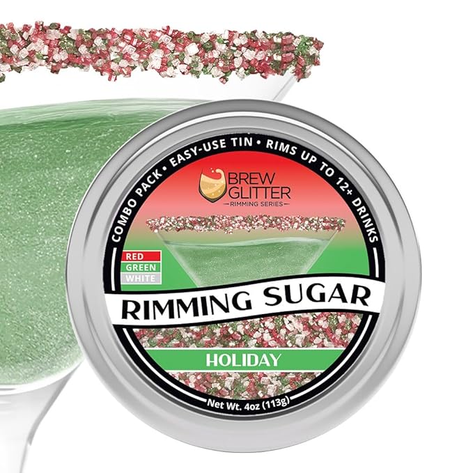 Brew Glitter - Red, Green & White Rimming Sugar (4oz, 1x Bar Tin) Cocktail Garnish for Mixed Drinks & Refreshments
