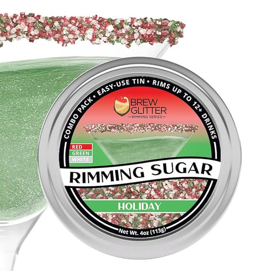 Brew Glitter - Red, Green & White Rimming Sugar (4oz, 1x Bar Tin) Cocktail Garnish for Mixed Drinks & Refreshments