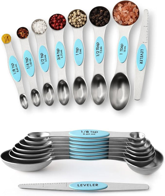 Spring Chef Stainless Steel Magnetic Measuring Spoons Set of 8 with Leveler, Metal Teaspoon & Tablespoon Measuring Spoons with Strong Magnets, Kitchen Gadgets for Baking & Cooking - 2 Pack - Aqua Sky