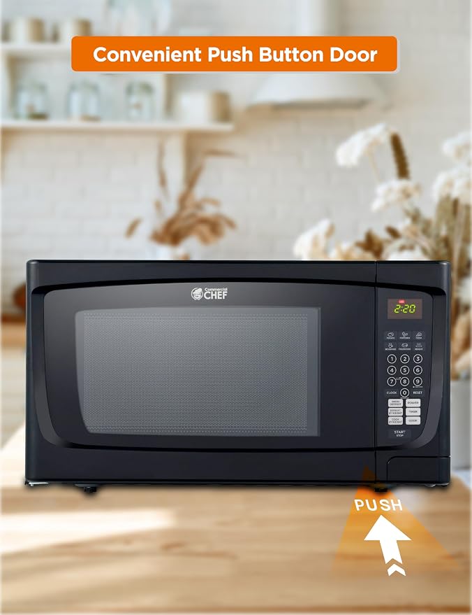 COMMERCIAL CHEF 1.6 Cubic Foot Microwave with 10 Power Levels, Small Microwave with Push Button, 1000 Watt Microwave with Digital Control Panels, Countertop Microwave with Timer, Black
