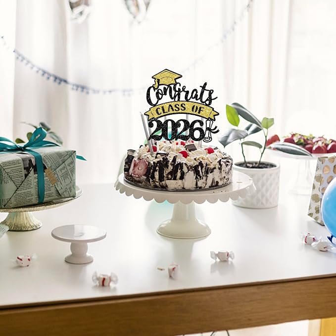 1 Pack Congrats Class of 2026 Cake Topper with Gold Black Glitter Diploma Graduation Cap Cake Pick Contrats Class of 2026 Cake Decorations for 2026 Graduation Theme High School Boys Girls