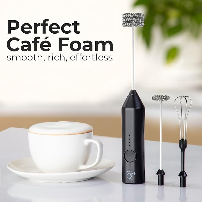 Zulay Kitchen Rechargeable Milk Frother Handheld - Frother Wand, Drink Mixer, Electric Whisk Frother, for Cappuccinos, Matcha & Protein Powder - Dynamic 3 Whisk, 3 Speed 500mAh Black