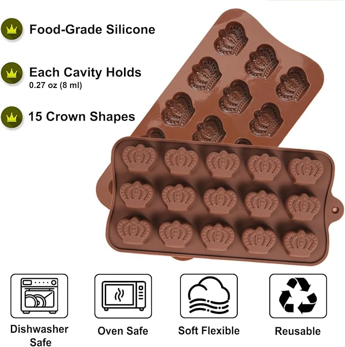 Mini Crown Chocolate Molds, 2 Pcs Silicone Molds with Crown Shapes for Making Chocolate/Candy/Gummy/Jelly, Food Grade Candy Mold with 15 Cavities Mini Crowns for Fruit Snacks