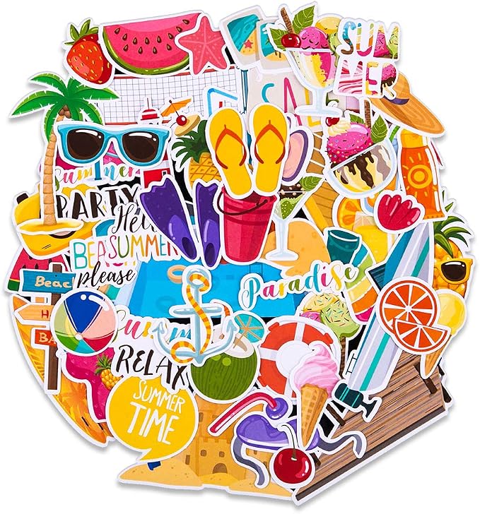 FaCraft Summer Party Scrapbook Stickers,50pcs Summer Scrapbooking Sticker Sticker Decal for Teens Planners and Journals, Beach Stickers Summer Stickers for Scrapbooking, Vacation Stickers