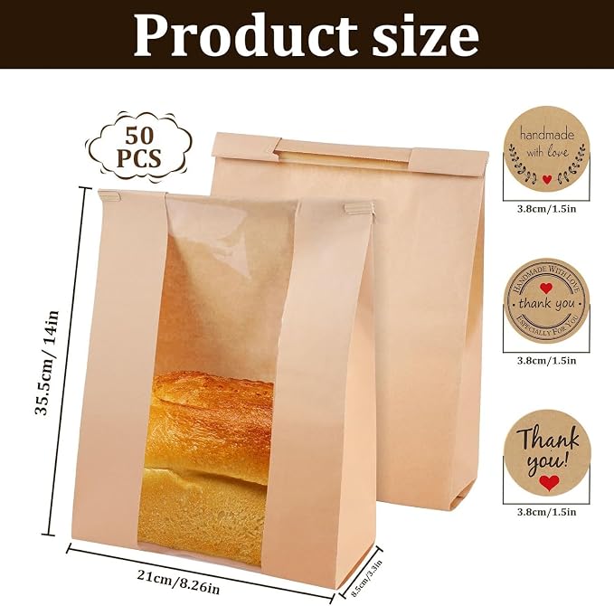 50 Pcs Bread Bags with Window Bread Bags for Homemade Bread Sourdough with Metal Tin Strip and Cute Seal Stickers Bakery Food Packaging Storage Cookie Bag Bread Gift Giving（14 x 8.3 x 3.3 In）