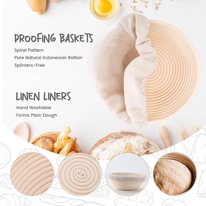 DOYOLLA Bread Proofing Baskets 8.5 inch Round Dough Proofing Bowls w/Liners Perfect for Home Sourdough Bakers Baking
