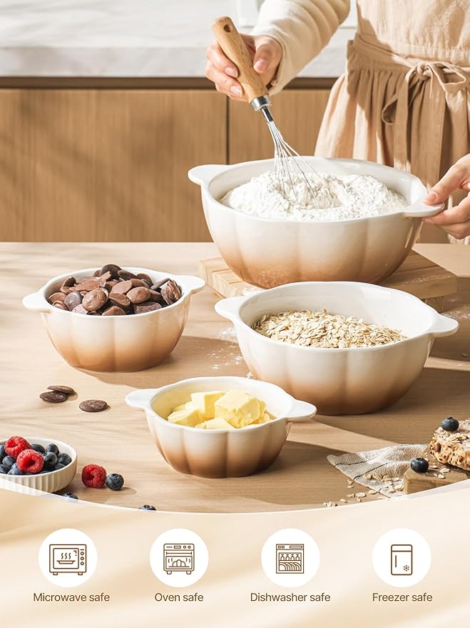 Ceramic Soup Bowls with Handle, Large Serving Bowls Set of 4, 14/24/45/78 oz Food Storage Bowls Containers for Cooking, Baking, Salad, Ramen Bowls Oven Safe, Brown