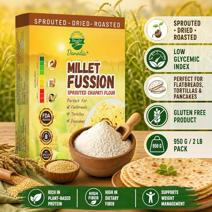 Danodia Foods Organic Sprouted Chapati & Bread Flour, 2 lb Pack | Multigrain atta blend for roti, chapati, paratha, flatbread and everyday bread baking; Gluten-Free; Indian pantry recipes