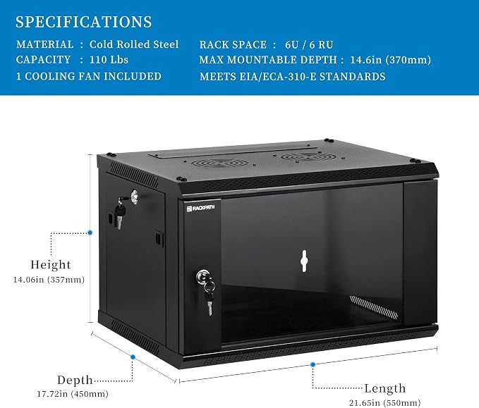 RackPath 6U Wall Mount Network Rack Cabinet – Quiet Cooling Fan, Locking Glass Door, 17.7" Deep (450mm), Removable Locking Side Panels, Fits 19" IT & A/V Equipment