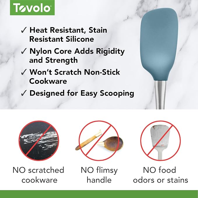 Tovolo Spoon Spatula Spoonula with Stainless Steel Handle Ergonomic Grip, Silicone Scoopula Kitchen Utensil Non Scratch Easy Clean Dishwasher Safe Heat Resistant Flex Core Scoop Spatula, Blue Slate