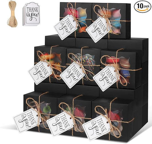 KPOSIYA 10 Pcs Black Bakery Boxes with Window Individual Cupcake Boxes 4x4x2.5 Inches Cookie Boxes Kraft Paper Black Gift Box for Pastries, Cookies, Pie, Donuts, Macaroon