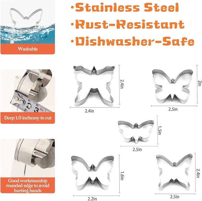5-Piece Butterfly Cookie Cutter Set – tainless Steel Biscuit Cutters for Baking, Pastry, Sandwiches & Cake Decorating – Food-Grade, Durable & Dishwasher Safe. By ENBRWAS.