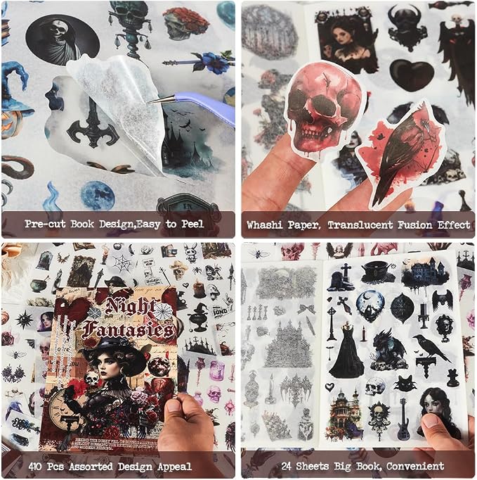 410pcs Gothic Washi Journal Stickers for Journaling, 24 Sheets Precut Large Halloween Sticker Book for Junk Journal Supplies, Scrapbooking, Collage, Bullet Journals, Planners, Art Crafts