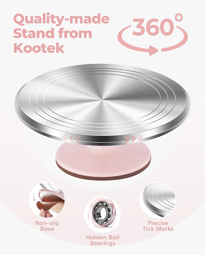 Kootek 158PCs Cake Decorating Kit with Aluminum Cake Turntable, 64 Piping Tips, 50+2 Pastry Bags, Frosting Spatulas, Leveler, Scrapers, Fondant Molds, and More Baking Supplies Decorating Tools(Pink)