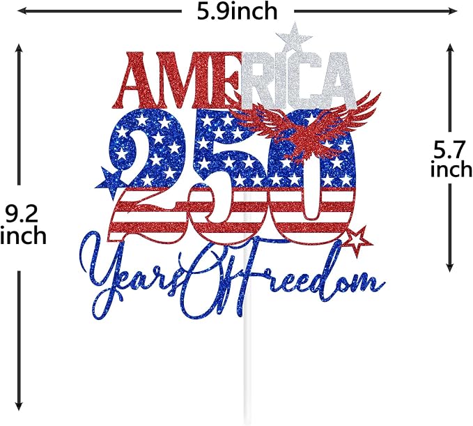 Blue Glitter America 250 Years of Freedom Cake Topper, Land of the Free Because of the Brave/Party in the USA, 4th of July Celebration Party Decorations Supplies
