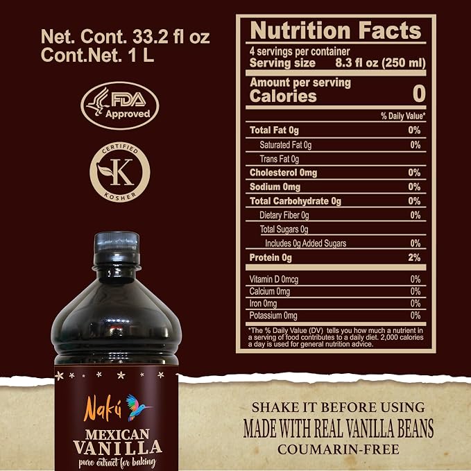 Naku Mexican Vanilla Extract - Pure and Traditional with a Piece of Vanilla Bean Inside, Perfect for Baking, Desserts (33.2)