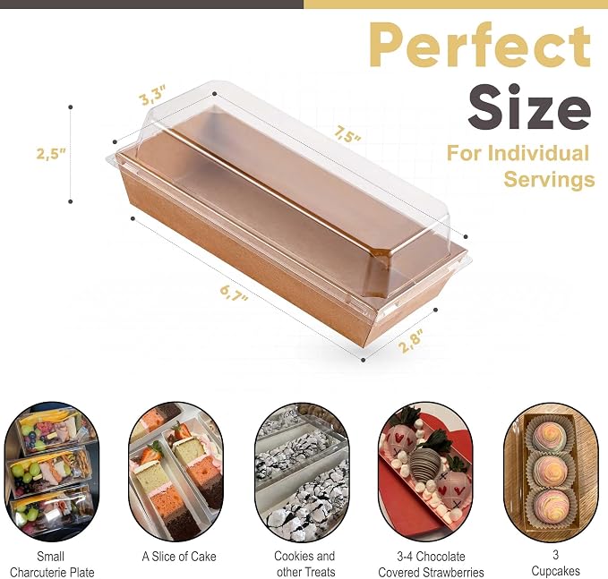 50 Pack 7.5x3.3 Inches Small Charcuterie Boxes with Clear Lids - To Go Paper Mini Treat Box, Charcuterie Boards Accessories, Dessert Boxes, Cookie, Cake Slice, Chocolate Strawberry, Donut (Brown)
