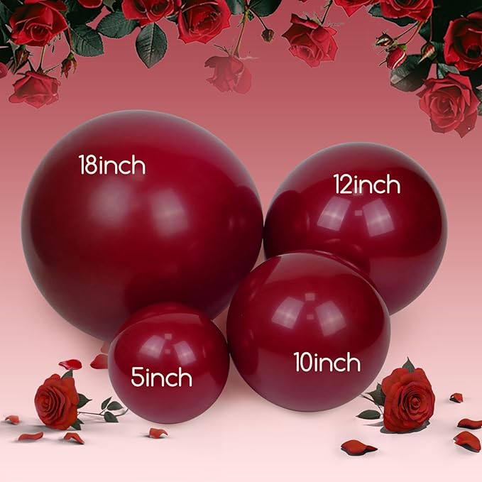 120pcs Burgundy Balloons, 18 12 10 5 inch Maroon Balloons Different Sizes Burgundy Balloon Arch Kit for Birthday Graduation Wedding Baby Shower Valentine's Day Party Decorations