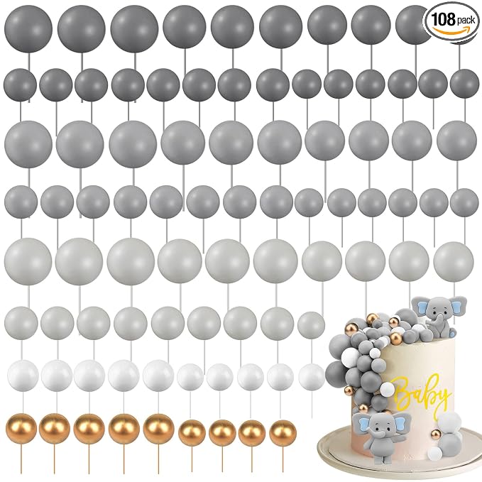 108 Pcs Balls Cake Topper DIY Cupcake Insert Foam Balloons for Cake Baking Wedding Anniversary Birthday Decoration(Gray,Multi Sizes)